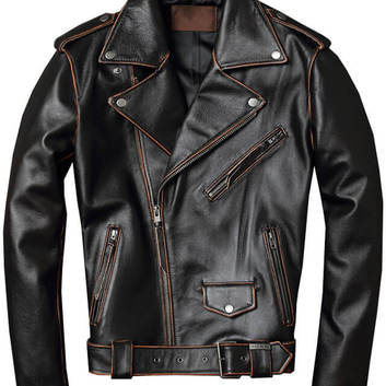 Черная мужская кожаная куртка с поясом 20627