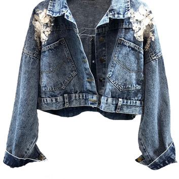 Укороченная джинсовая куртка с цветочными нашивками 14403