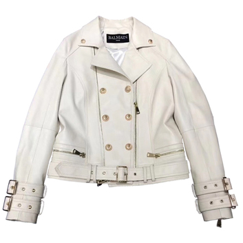 Белая кожаная куртка косуха Balmain 8886