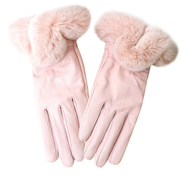 Розовые кожаные женские перчатки с кроликом 12477-1