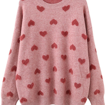 Вязаный розовый свитер с красными сердечками 15370