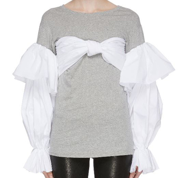 Трикотажная комбинированная блузка с пышными рукавами 15674