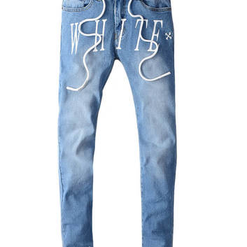 Голубые джинсы с белым декором OFF-White 9759-1