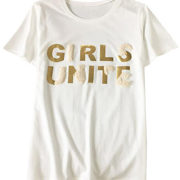 Летняя белая футболка с золотой надписью "GIRLS UNITE" 14584-1