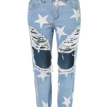 Рваные голубые джинсы со звездами 12100-1
