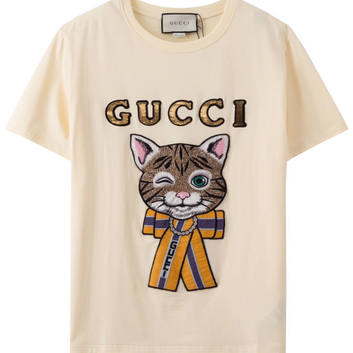 Хлопковая молочная футболка с пайетками “Милый котик” 18059-1