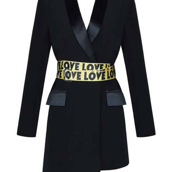 Черное платье-пиджак с ярким поясом Herve Leger 20193