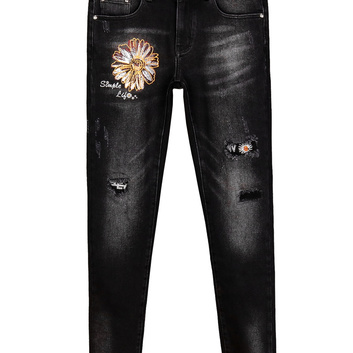 Черные зауженные джинсы с рисунком “Ромашка” 20268