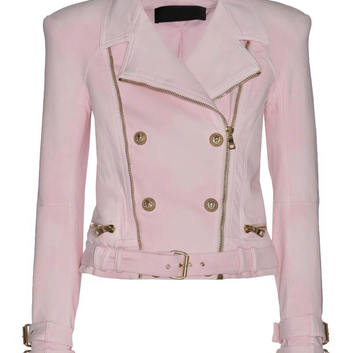 Розовая приталенная кожаная куртка косуха 20477-2