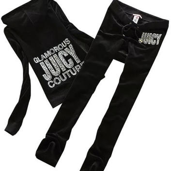 Велюровый черный спортивный костюм со стразами Juicy 15129-1