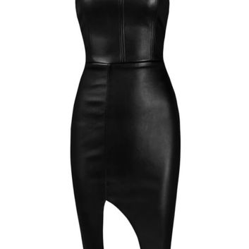 Кожаное женское платье черного цвета 25067