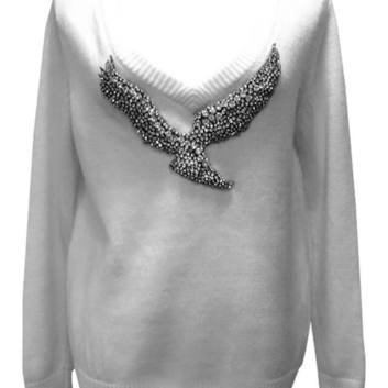 Двухсторонний белый кашемировый свитер "птица" 13200-2