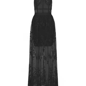 Кружевное черное платье с прозрачным корсетом Herve Leger 15372-1