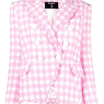 Твидовый розовый пиджак в клетку Balmain 27759