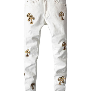 Белые джинсы с декором Chrome Hearts 28116